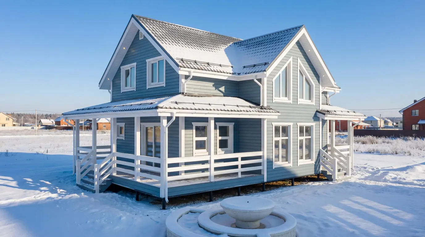 Продающий ИИ-рендер фасада дома — стиль «брус green gray blue scandi»